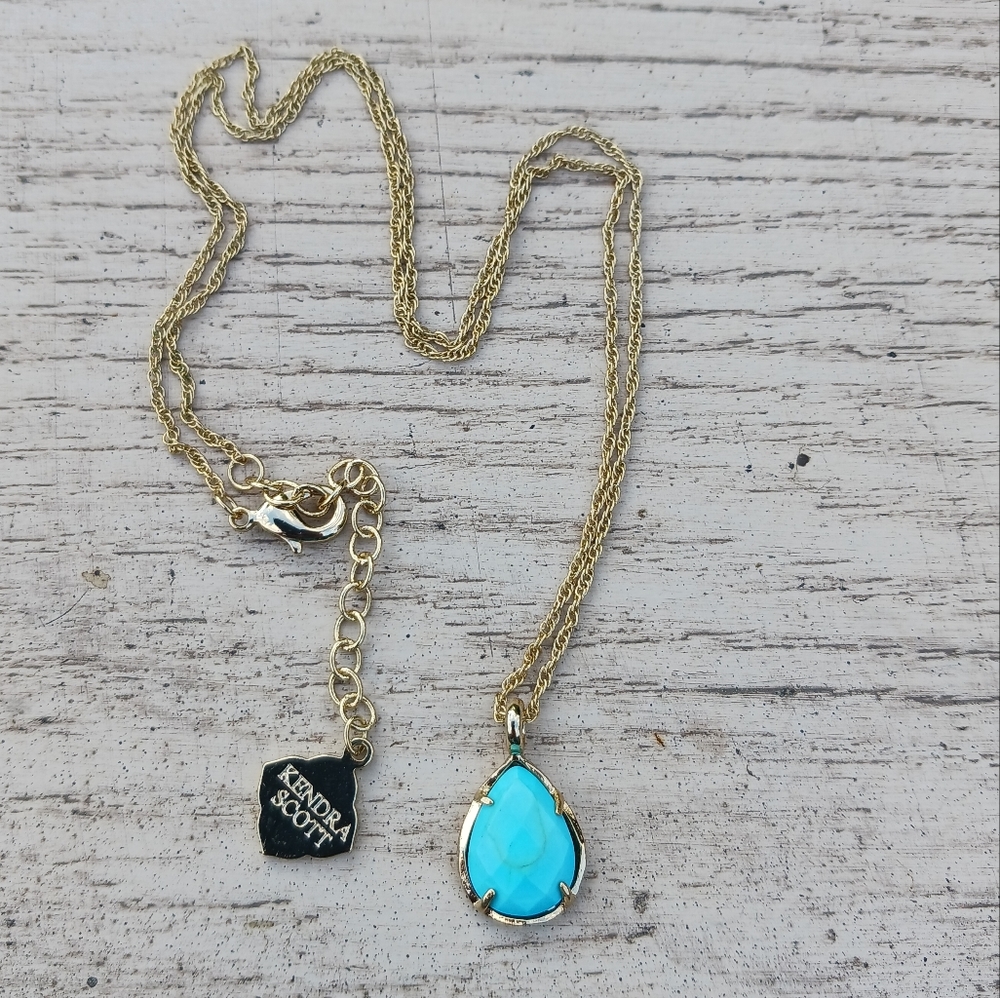 Kendra Scott TURQUOISE Pear Shape Pendant Gold Rope Chain Necklace Adjustable